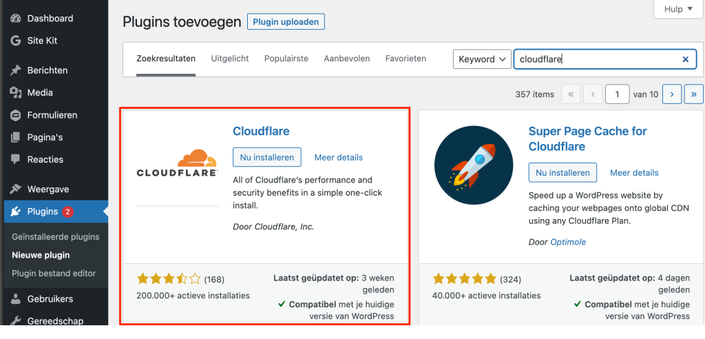 CloudFlare installeren in WordPress
